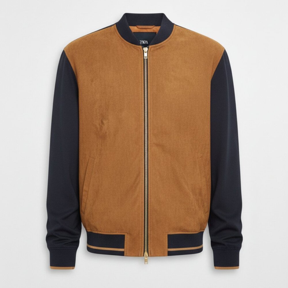 Zara Faux Suede Men’s Jacket Navy & Tan size small PTP 20” Bin O - Picture 2 of 8
